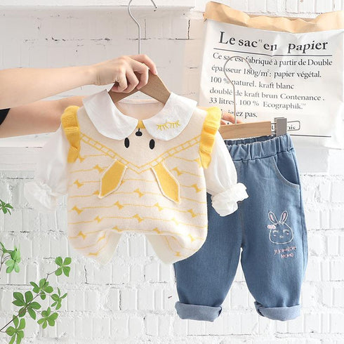 Cute Little Rabbit Sweater Vest Three Piece Set Baby Girl Lapel Shirt Long Sleeve Set